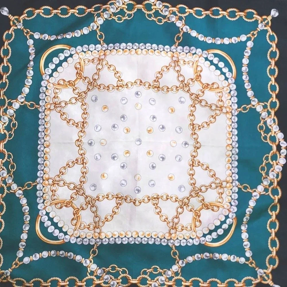 VINTAGE Chain Print Silk Feel‎ Scarf Black Green Gold Pearl 20x20 Baroque Y2K